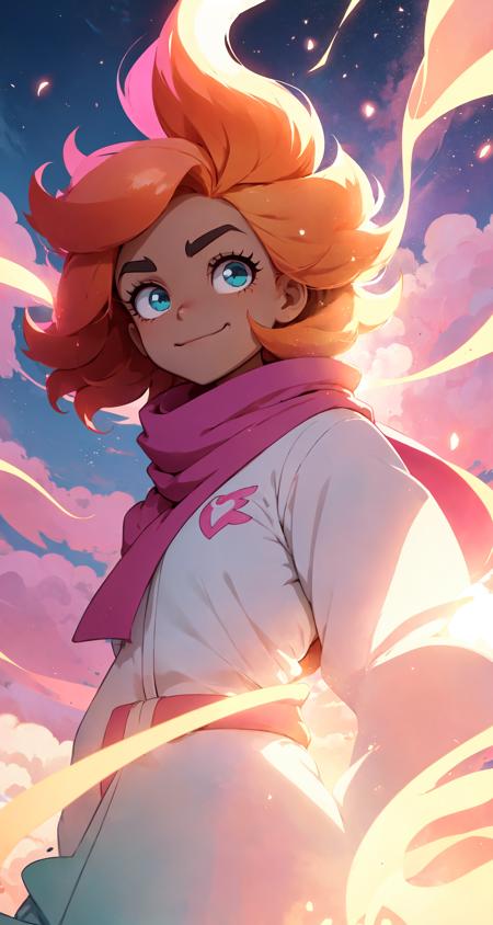 75172-3474780070-powerpuff girls style, illustration of a girl floating in the sky, scarf, floating hair, close-up, warm soft lighting, sunset, c.png